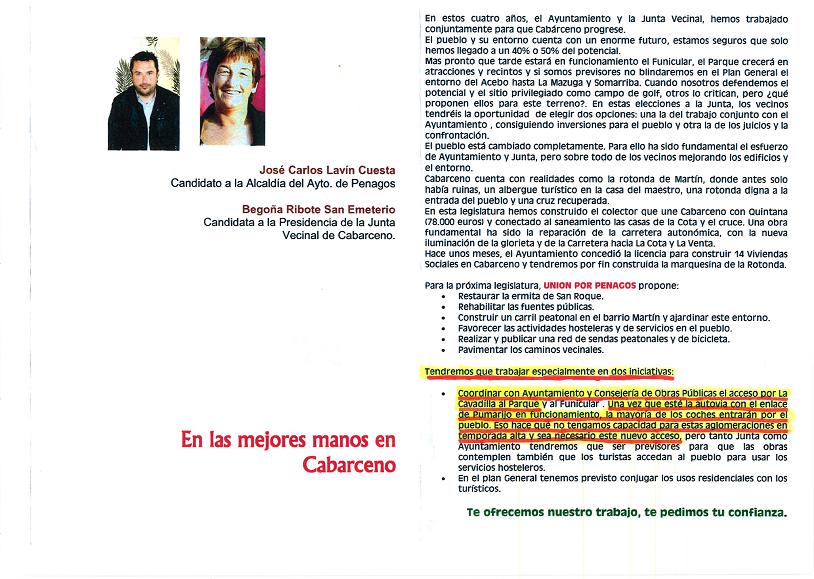 Detalle del programa electoral de Unión por Penagos para las elecciones municipales de mayo de 2011